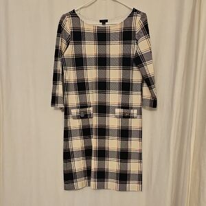 Ann Taylor Black and Cream Plaid Long Sleeve Dress